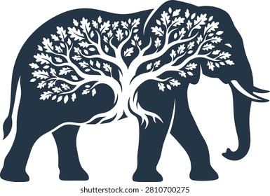 Stylized elephant silhouette with intricate tree design symbolizing nature and harmony