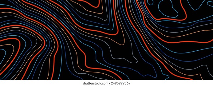 Stylized elevation of topographic color contour in lines and contours. Concept of conditional geographical scheme and route of the area. Bright colors lines on a black background. Vector illustration.