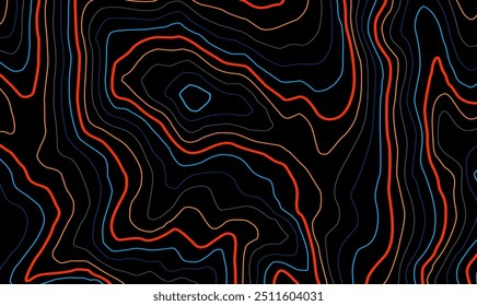 Stylized elevation of topographic color contour in lines and contours. Concept of conditional geographical scheme and route of the area. Bright color lines on a black background. Vector illustration.