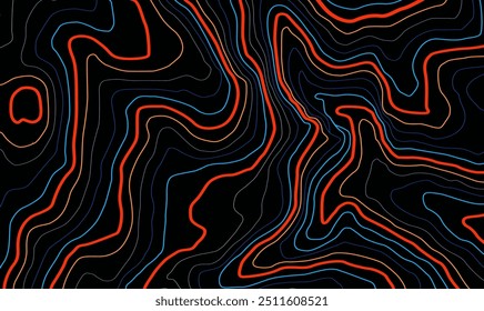 Stilisierte Erhöhung der topographischen Farbkontur in Linien und Konturen. Konzept der bedingten geografischen Regelung und Route des Gebiets. Helle Farben Linien auf schwarzem Hintergrund. Vektorgrafik.