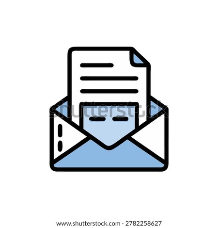 A stylized email icon with a document inside. The composition is flat, simple, and graphic with thick outlines.
