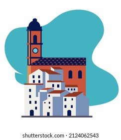 stylized emblem with authentic andalusian white town and church