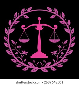 Stylized emblem of balanced scales wrapped in ivy leaves, expressing harmony between law, ethics, and nature in vector style.