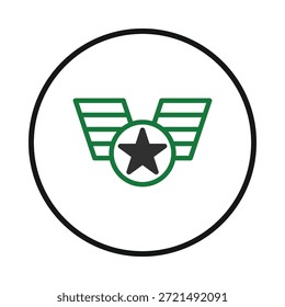 Um emblema estilizado constituído por uma estrela negra central, rodeada por um círculo verde, flanqueado por formas de asa verde. Este elemento gráfico sugere conceitos como vitória, qualidade, sucesso,