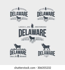 Stylized emblem of Delaware with a bull and the sailing ship the white