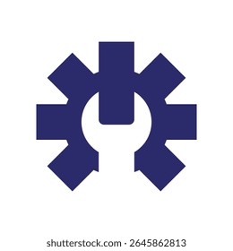 Um emblema estilizado domina a composição, apresentando uma engrenagem azul escura com oito dentes proeminentes, cada retangular e uniformemente espaçada em torno de um vazio central. 