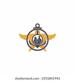 A stylized emblem featuring an anchor encircling a silhouette of a family (two adults and a child) at its center. The design incorporates golden wings on both sides, symbolizing protection and freedom