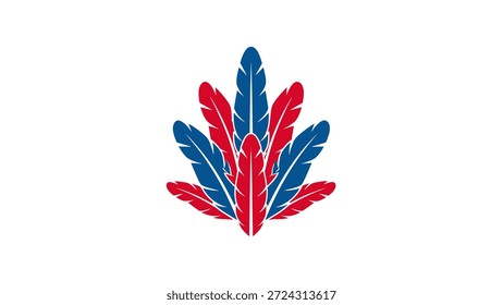Emblema estilizado con un abanico de plumas rojas y azules sobre un fondo blanco limpio.