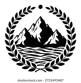 Emblema estilizado con montañas irregulares reflejadas en aguas onduladas rodeadas de corona de laurel y disco solar