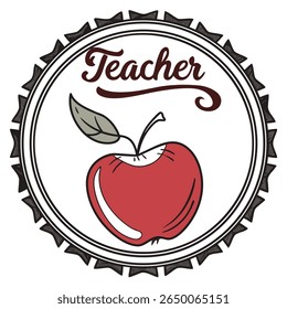 A stylized emblem featuring a red apple and the word 'Teacher' in elegant script, encircled by a decorative border.