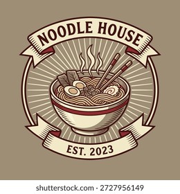 Un emblema estilizado con un tazón humeante de fideos ramen con palillos, sobre un fondo de rayos de sol y enmarcado por Anuncios.