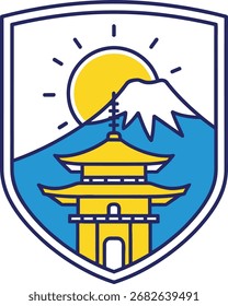 Um emblema estilizado mostrando o Monte Fuji, um tradicional pagode japonês, e o sol.