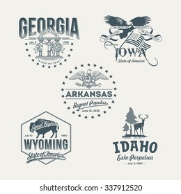 Stylized emblems of the states Georgia, Idaho, Iowa, Arkansas, Wyoming white 