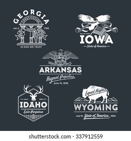 Stylized emblems of the states Georgia, Idaho, Iowa, Arkansas, Wyoming black