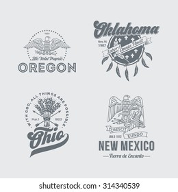 Stylized emblems of the States Oregon, Oklahoma, Ohio, New Mexico, white