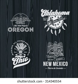 Stylized Emblems Of The States Oregon, Oklahoma, Ohio, New Mexico, Black