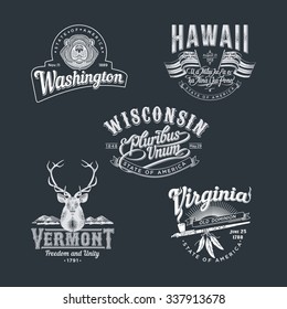 Stylized emblems of the states Washington, Vermont, Virginia, Wisconsin, Hawaii black 