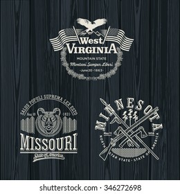 Stylized emblems of the states West Virginia, Missouri, Minnesota black