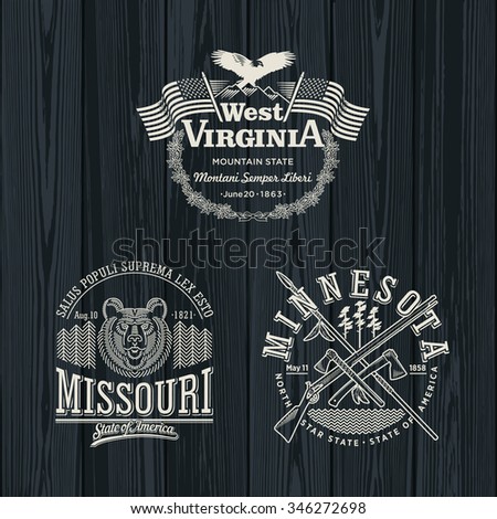 Stylized emblems of the states West Virginia, Missouri, Minnesota black