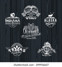 Stylized emblems of Utah, Indidana, Alaska, California, Texas, Carolina, inversion