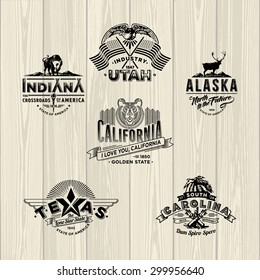 Stylized emblems of Utah, Indidana, Alaska, California, Texas, Carolina.