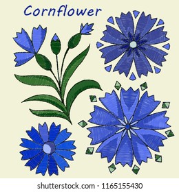 Stylized, embroidered elements, cornflower flower. Vector