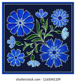 Stylized embroidery cornflower pattern on dark background