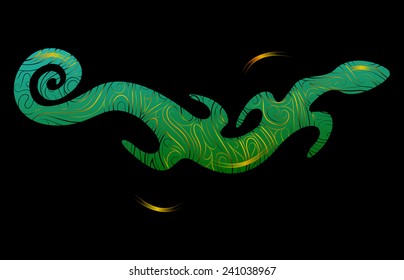 stylized emerald lizard with gold floral pattern, vector