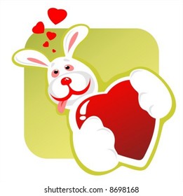 Stylized enamored rabbit with heart on a green background. Valentines illustration.