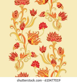 Stylized endless floral border design, arrangement of  stylized golden - red flowers