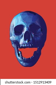 Stylized engraved drawing on blue polygonal screaming human skull front view illustration isolated on red background