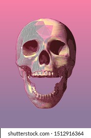 Stylized engraved drawing on pastel color wireframe polygonal screaming human skull front view illustration isolated on pink and purple background