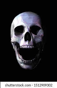 Stylized engraved drawing on polygonal purple screaming human skull front view illustration isolated on black background