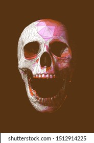 Stylized engraved drawing on red orange polygonal screaming human skull front view illustration isolated on brown background