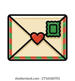 Un sobre estilizado sellado con un corazón rojo y enmarcado por rayas diagonales rojas y verdes. Un sello verde añade un toque postal. Ideal para mensajes románticos de vacaciones, diseños temáticos de San Valentín o diseños temáticos de Navidades.