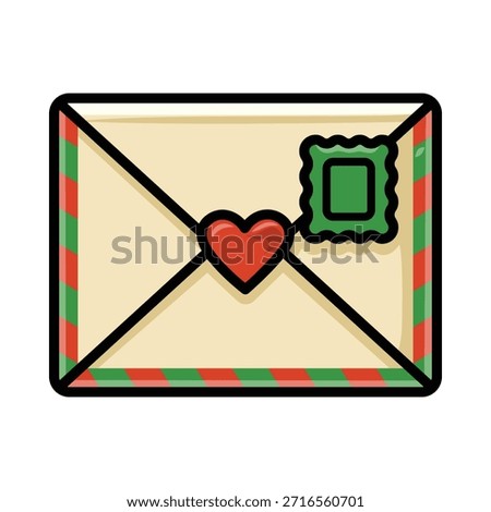 A stylized envelope sealed with a red heart and framed by red and green diagonal stripes. A green stamp adds a postal touch. Great for romantic holiday messages, Valentine themed designs, or Christmas themed designs.