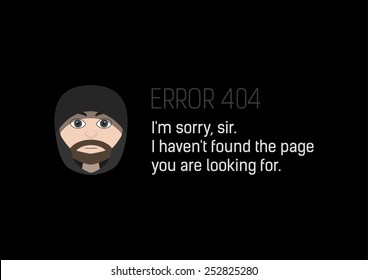 Stylized Error 404 - Page not found! with man in hood and polite text