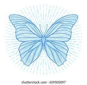 Stylized ethnic boho butterfly with shining lights effect isolated on white. Decorative doodle vector illustration. Perfect for postcard, poster, print, greeting card, t-shirt, phone case design
