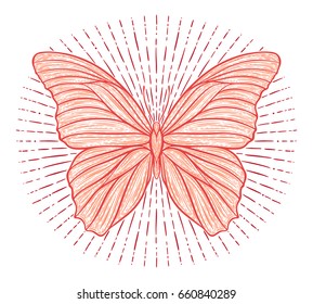 Stylized ethnic boho butterfly with shining lights effect isolated on white. Decorative doodle vector illustration. Perfect for postcard, poster, print, greeting card, t-shirt, phone case design