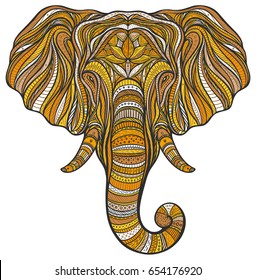 Stylized ethnic boho elephant portrait isolated on white background. Decorative hand drawn doodle vector illustration. Perfect for postcard, poster, print, greeting card, t-shirt, phone case design