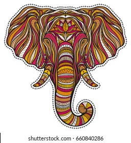 Stylized ethnic boho elephant portrait isolated on white background. Decorative hand drawn doodle vector illustration. Perfect for postcard, poster, print, greeting card, t-shirt, phone case design