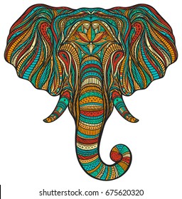 Stylized ethnic boho elephant portrait isolated on white background. Decorative hand drawn doodle vector illustration. Perfect for postcard, poster, print, greeting card, t-shirt, phone case design