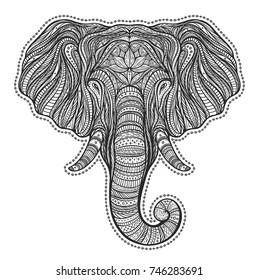Stylized ethnic boho elephant portrait isolated on white background. Decorative hand drawn doodle vector illustration