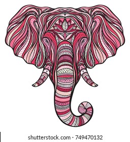 Stylized ethnic boho elephant portrait isolated on white background. Decorative hand drawn doodle vector illustration