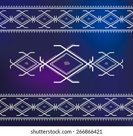 Stylized ethnic geometric ornament. Linear seamless stripes. Ornamental folkloric border elements. Vector blurred blue background