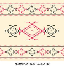 Stylized ethnic geometric ornament. Seamless stripes. Ornamental folkloric border elements. Linear vector illustration in red and black colors