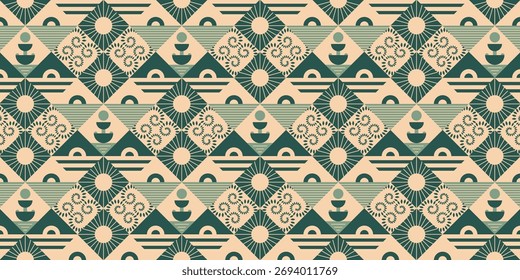 Diseño de repetición geométrica étnica estilizada en verde apagado y beige