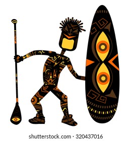 Stylized ethnic man with SUP board