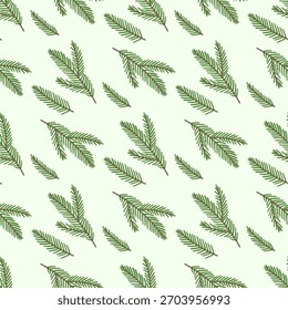 Stylized Evergreen Branches Seamless Pattern. Hand drawn Christmas tree