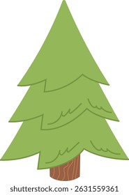 A stylized evergreen tree with layered branches in a simple drawing style. The tree features a textured trunk and smooth foliage. Cartoon vector illustration.
